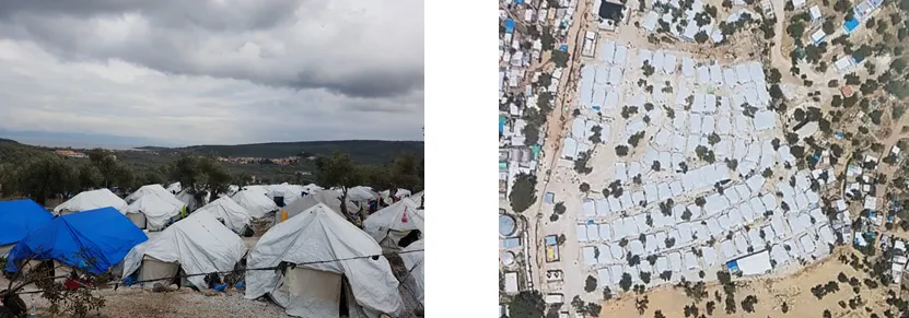 Cluster of tents and aerial photo