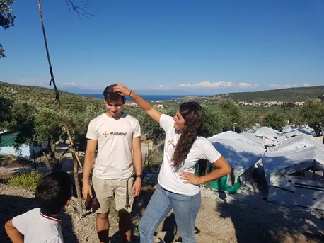 Julie fixing hair for photo